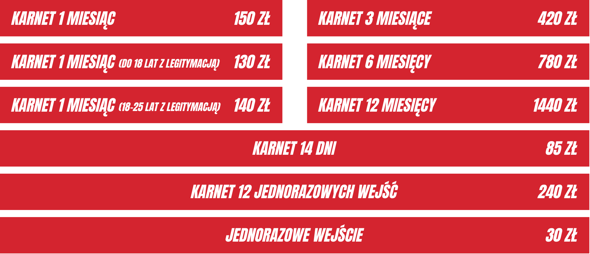 Karnety treningowe – ceny od 30 zł do 1500 zł, w tym oferty dla młodzieży.